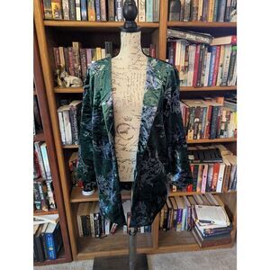 Anthropologie Eva Franco Women's Size Medium Green Floral Velvet Car Coat Jacket